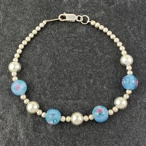 New Women's Sterling Silver 925 Floral Art Blue Glass Beaded Bracelet 7.5"